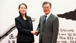 South Korean President Moon receives invitation from the North, Seoul, Korea - 10 Feb 2018
A photo released by the North Korean Central News Agency (KCNA), the state news agency of North Korea, shows South Korean President Moon Jae-in (R) shaking hands with North Korean leader Kim Jong-un's sister and special envoy Kim Yo-jong (L) during a meeting at the presidential office Cheong Wa Dae (Blue House) in Seoul, South Korea, 10 February 2018 (issued 11 February 2018). According to reports, North Korean leader Kim Jong-un invited Moon to visit North Korea at an early date.