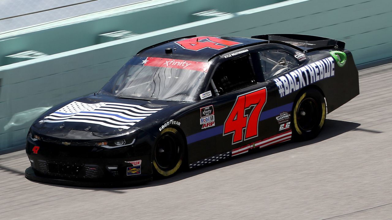 Kyle Weatherman, driver of the #47 Back The Blue Chevrolet, races during the NASCAR Xfinity Series Contender Boats 250 at Homestead-Miami Speedway  in Homestead, Florida.