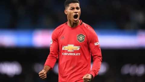 Marcus Rashford celebrates following Manchester United's victory against City in December.