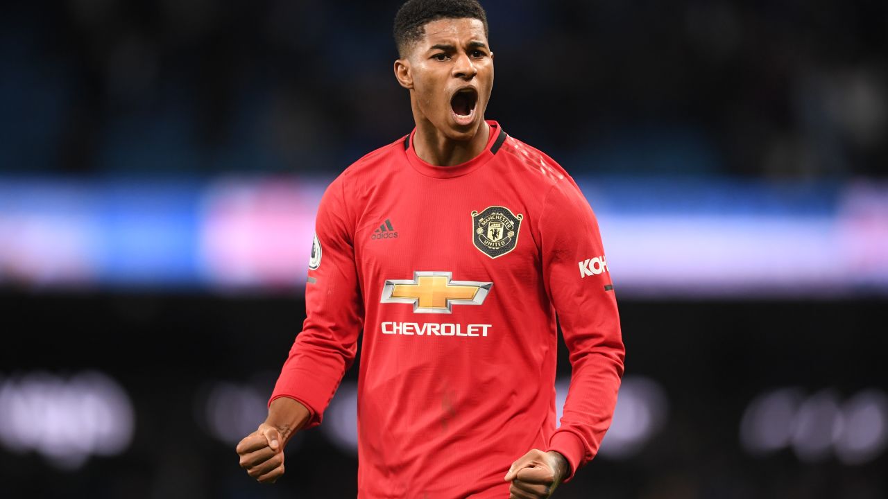 MANCHESTER, ENGLAND - DECEMBER 07: Marcus Rashford of Manchester United celebrates following his sides victory in the Premier League match between Manchester City and Manchester United at Etihad Stadium on December 07, 2019 in Manchester, United Kingdom. (Photo by Laurence Griffiths/Getty Images)