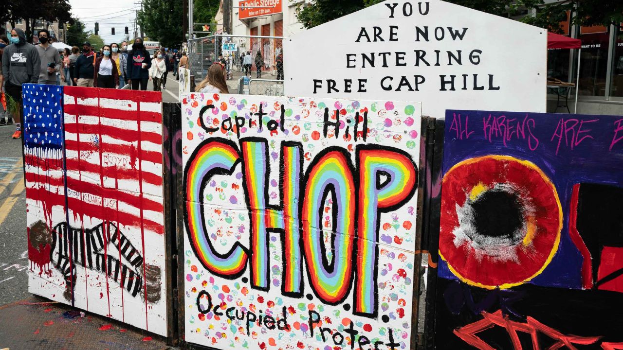 SEATTLE, WA - JUNE 14: A signs reads "Capitol Hill Occupied Protest" in area that has been referred to by protesters by that name as well as "Capitol Hill Organized Protest, or CHOP, on June 14, 2020 in Seattle, Washington. Black Lives Matter protesters have continued demonstrating in what was first referred to as the Capitol Hill Autonomous Zone, which encompasses several blocks around the Seattle Police Departments vacated East Precinct, but what protesters are now calling the "Capitol Hill Organized Protest." (Photo by David Ryder/Getty Images)