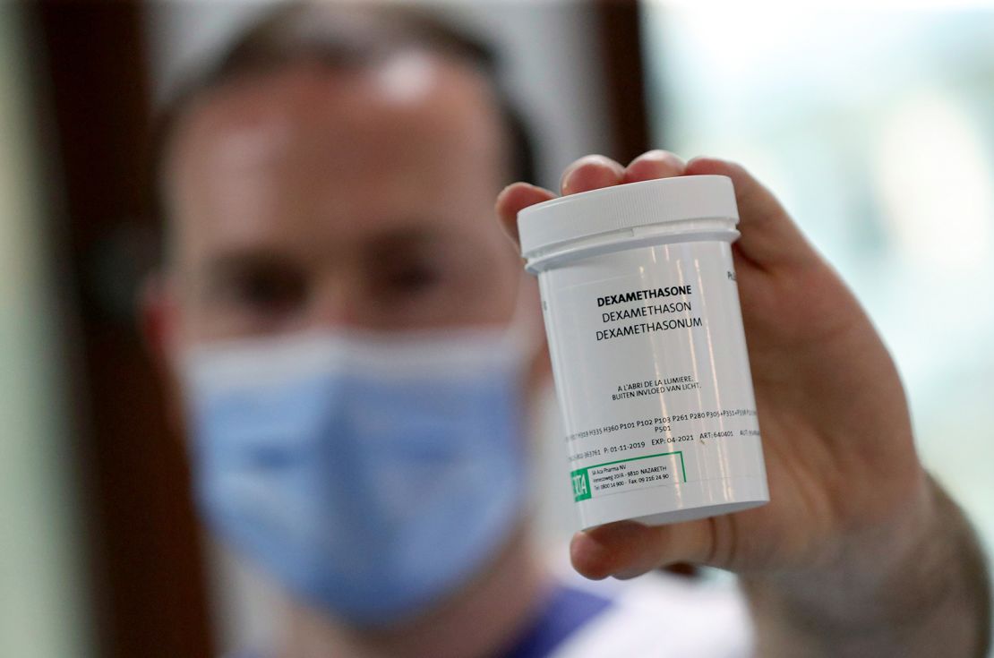 A pharmacist displays a box of dexamethasone at the Erasme Hospital in Brussels, Belgium.