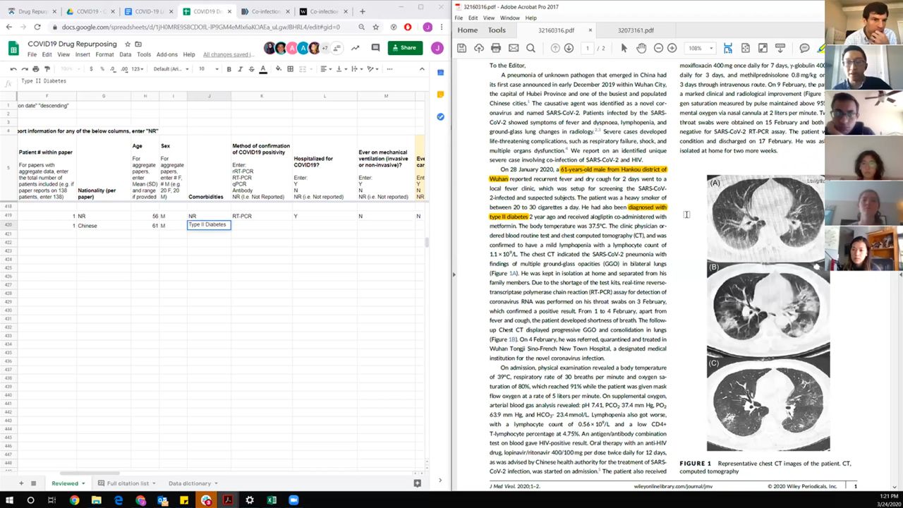 Shown here is one of the researchers' computer screens as they review Covid-19 treatment data while on a video call. The left side shows a spreadsheet where they tabulate data from the studies. The right side shows the study they're currently analyzing.