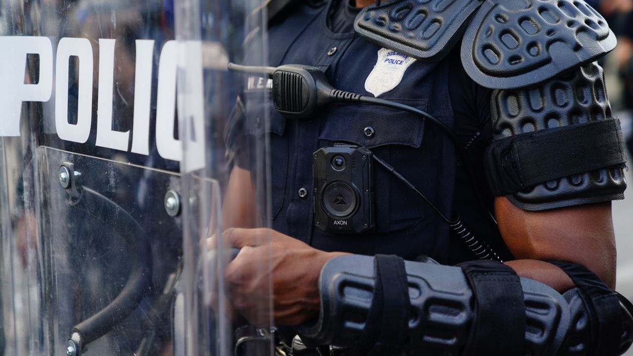 ATLANTA, GA - MAY 31: A police officer wearing a body cam is seen during a demonstration on May 31, 2020 in Atlanta, Georgia. Across the country, protests have erupted following the recent death of George Floyd while in police custody in Minneapolis, Minnesota. (Photo by Elijah Nouvelage/Getty Images)