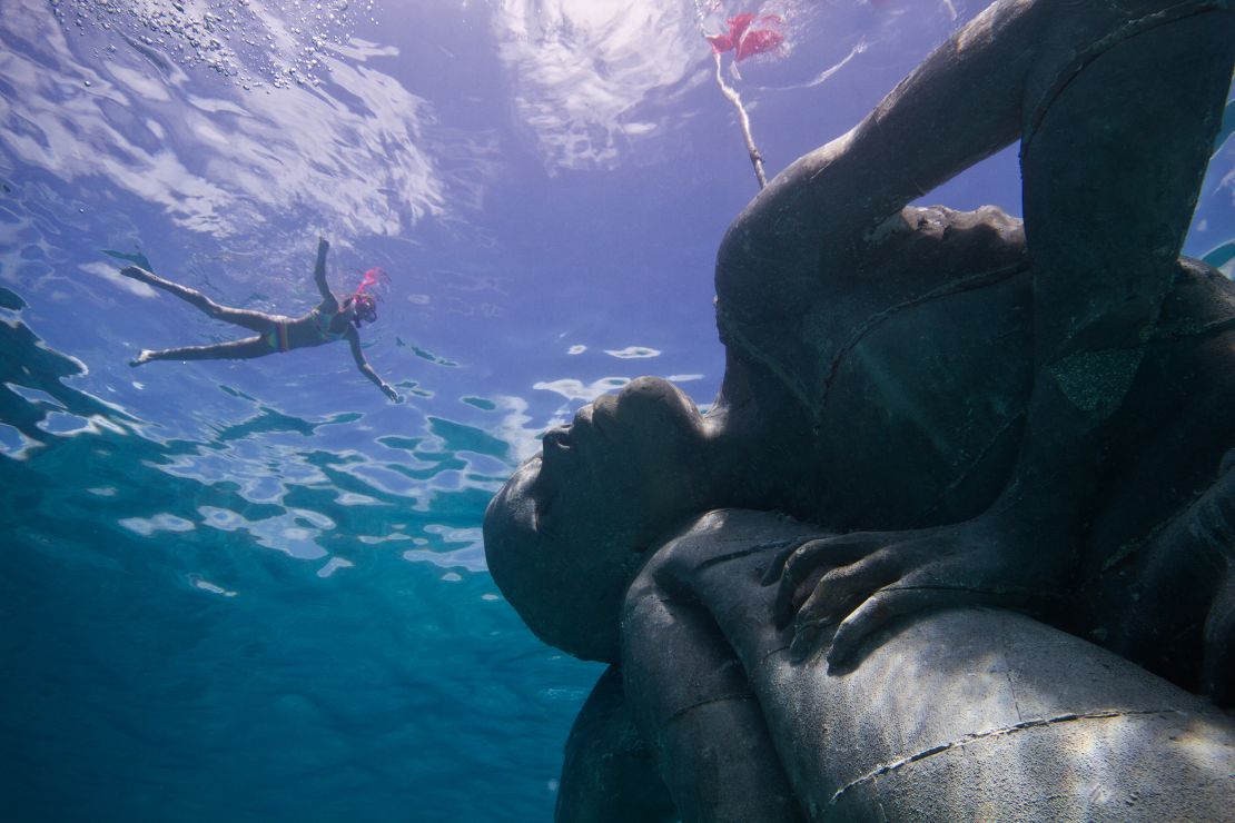 Crystal clear waters are perfect for snorkeling above the BREEF Coral Reef Sculpture Garden in the Bahamas