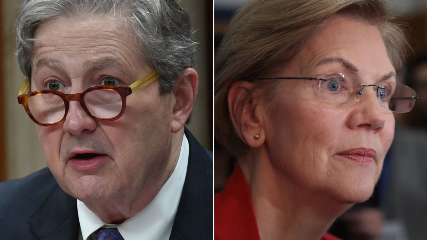 At left, Sen. John Kennedy, a Louisiana Republican, criticized a proposal from Democratic Sen. Ellizabeth Warren of Massachusetts related to renaming military bases that are currently named after Confederate military figures. 