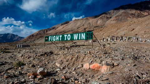 An Indian military banner post is seen next to a road in Ladakh in 2012. The region shares a border with both China and Pakistan. 