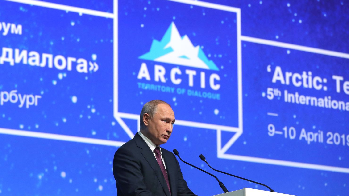 Russian President Vladimir Putin gives a speech during the International Arctic Forum in St. Petersburg on April 9, 2019. 