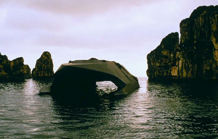 <strong>Carver's stealth ship, "Tomorrow Never Dies" (1997) -- </strong>A media mogul who got into the menacing superyacht game long before<a href="https://www.cnn.com/2021/09/13/entertainment/succession-season-3/index.html" target="_blank"> Logan Roy</a> and the "<a href="https://www.charterworld.com/index.html?sub=yacht-charter&charter=motor-yacht-nicki-6237" target="_blank" target="_blank">Solandge</a>," Elliot Carver's stealth ship was as angular as it was undetectable, and could launch a torpedo capable of chewing through other boats. Sketches by concept illustrator Dominic Lavery show the evolution of the ship from a recognizable, albeit highly contemporary yacht towards a vessel that looked a lot like the <a href="https://www.darpa.mil/about-us/timeline/sea-shadow" target="_blank" target="_blank">Sea Shadow (IX-529)</a>, a US DARPA prototype from the 1980s. One major difference was size: Carver's vessel was much bigger. A large-scale miniature was used for exterior shots, while production designer Allan Cameron created a full-scale interior set on the <a href="https://www.007.com/the-death-of-carver/" target="_blank" target="_blank">007 Stage at Pinewood</a>, with all the gangways and staircases a third-act shootout could possibly hope for. 