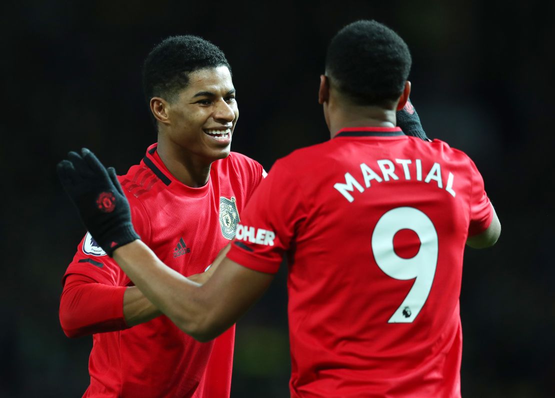 Rashford celebrates with Anthony Martial after in the EPL in January. 