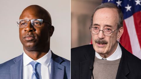 Jamaal Bowman, at left, has defeated Rep. Eliot Engel, the House Foreign Affairs chairman, in a hotly contested New York Democratic primary, CNN projected Friday.