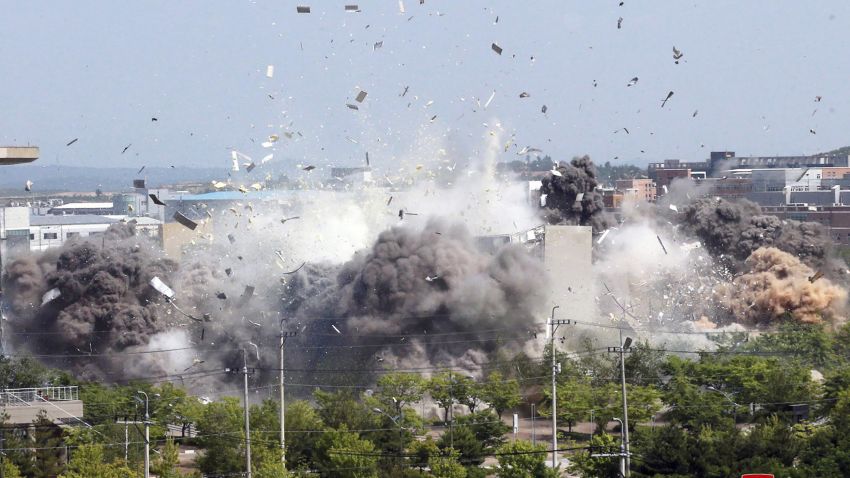 This photo provided by the North Korean government shows the explosion of an inter-Korean liaison office building in Kaesong, North Korea, Tuesday, June 16, 2020. South Korea says that North Korea has exploded the inter-Korean liaison office building just north of the tense Korean border. Independent journalists were not given access to cover the event depicted in this image distributed by the North Korean government. The content of this image is as provided and cannot be independently verified. (Korean Central News Agency/Korea News Service via AP)