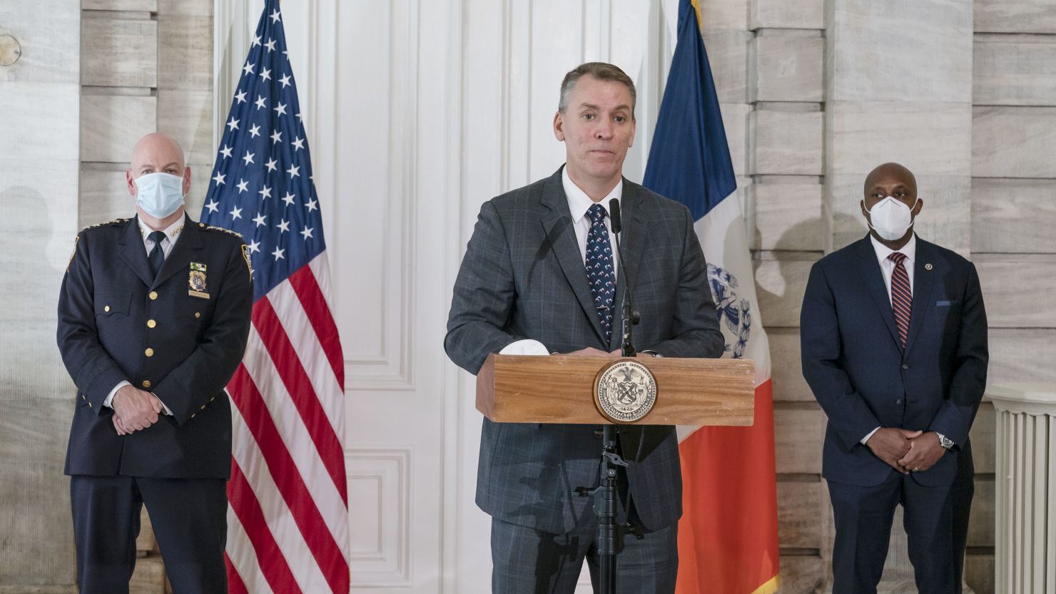 Police Commissioner Dermot Shea holds a media briefing at City Hall ahead of scheduled protests in New York City.