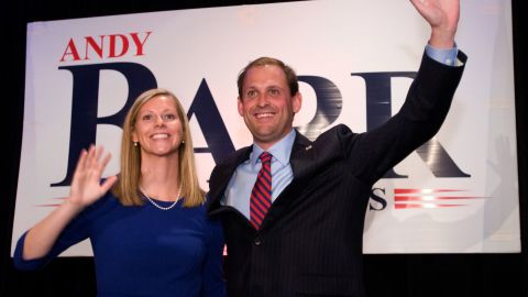 Republican Andy Barr and his wife, Carol, present themselves to supporters Tuesday, Nov. 6, 2012 at the Marriott Griffin Gate in Lexington, Ky., to claim Kentucky's 6th Congressional District win from the incumbent, U.S. Rep. Ben Chandler, a Democrat. (AP Photo/Brian Bohannon)