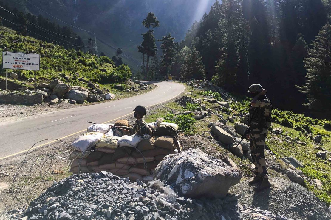 Indian Border Security Force soldiers guard a highway leading towards Leh, bordering China, in Gagangir on June 17, 2020.