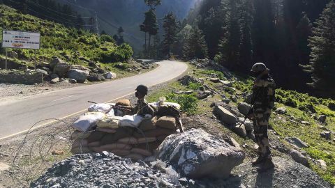 Indian Border Security Force soldiers guard a highway leading towards Leh, bordering China, in Gagangir on June 17, 2020.