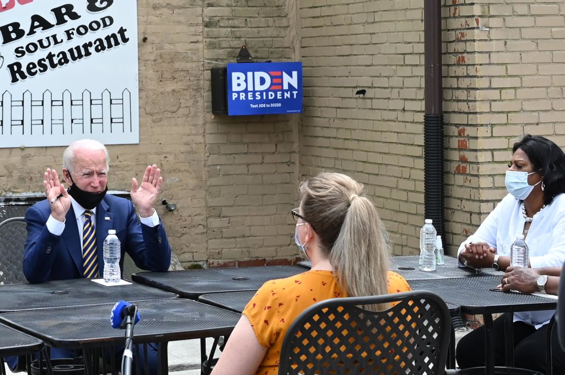 Former vice president and Democratic presidential candidate Joe Biden speaks about reopening the economy during a round table discussion at Carlettes Backyard Bar & Soul food Restaurant in Yeadon, Pennsylvania on June 17, 2020. 