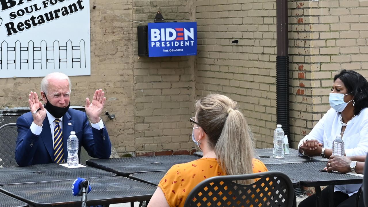 Former vice president and Democratic presidential candidate Joe Biden speaks about reopening the economy during a round table discussion at Carlettes Backyard Bar & Soul food Restaurant in Yeadon, Pennsylvania on June 17, 2020.