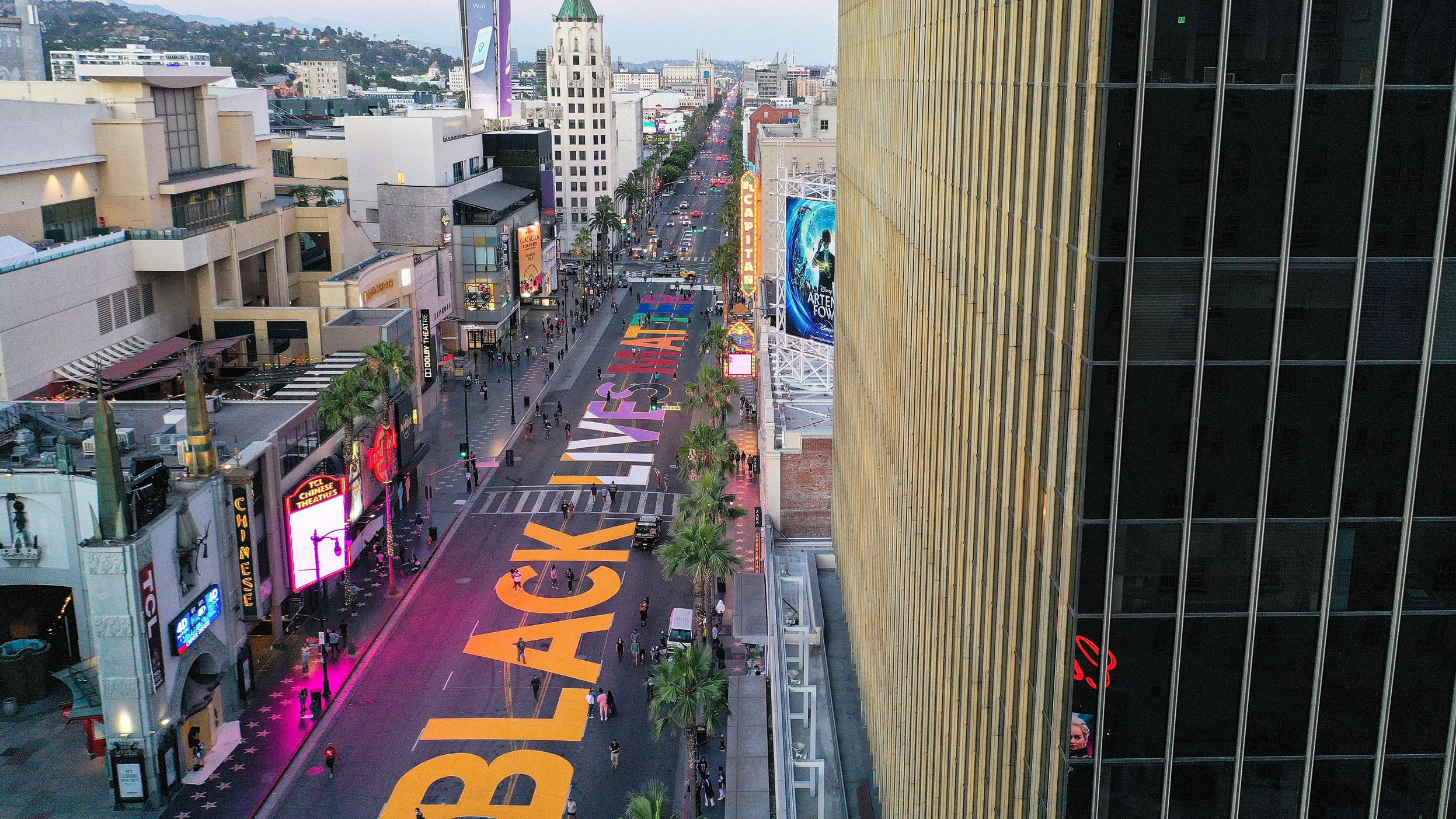 An aerial view of Hollywood Boulevard shows the words "Black Lives Matter" on June 13.