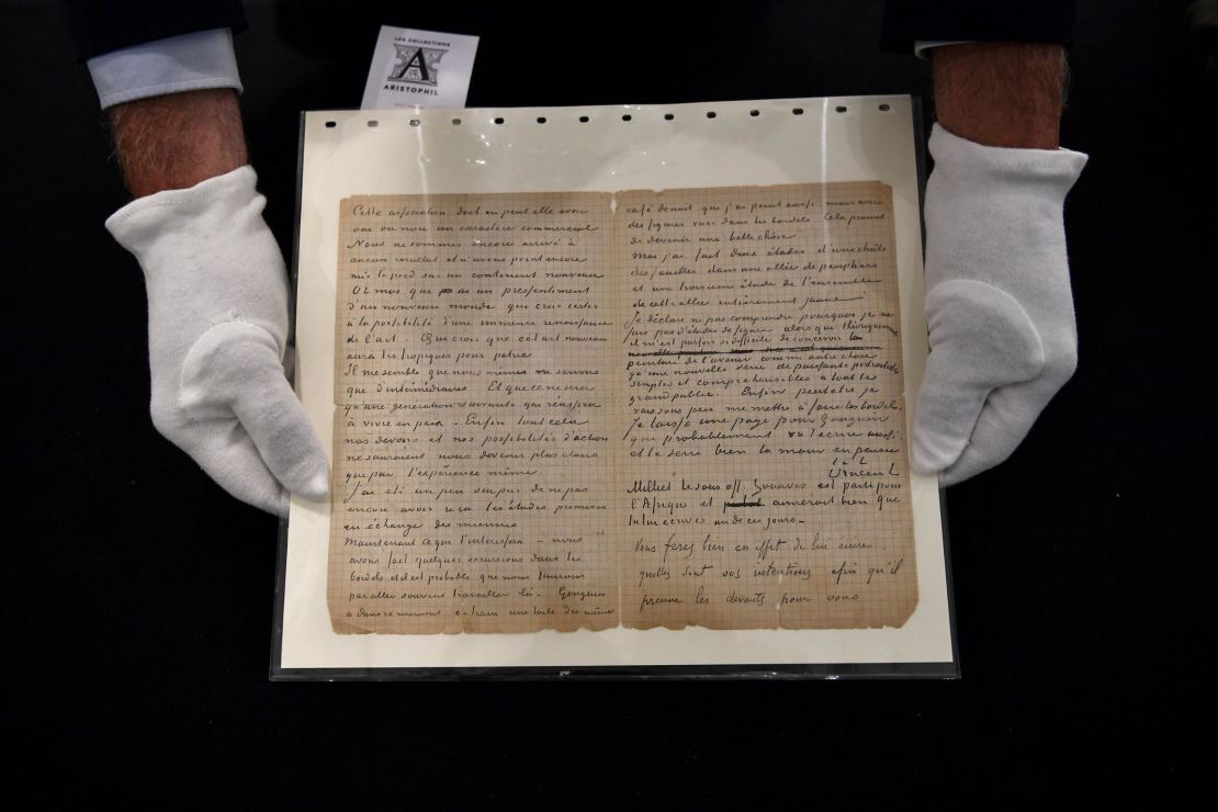 The letter pictured at Drouot auction house in Paris shortly before the sale.