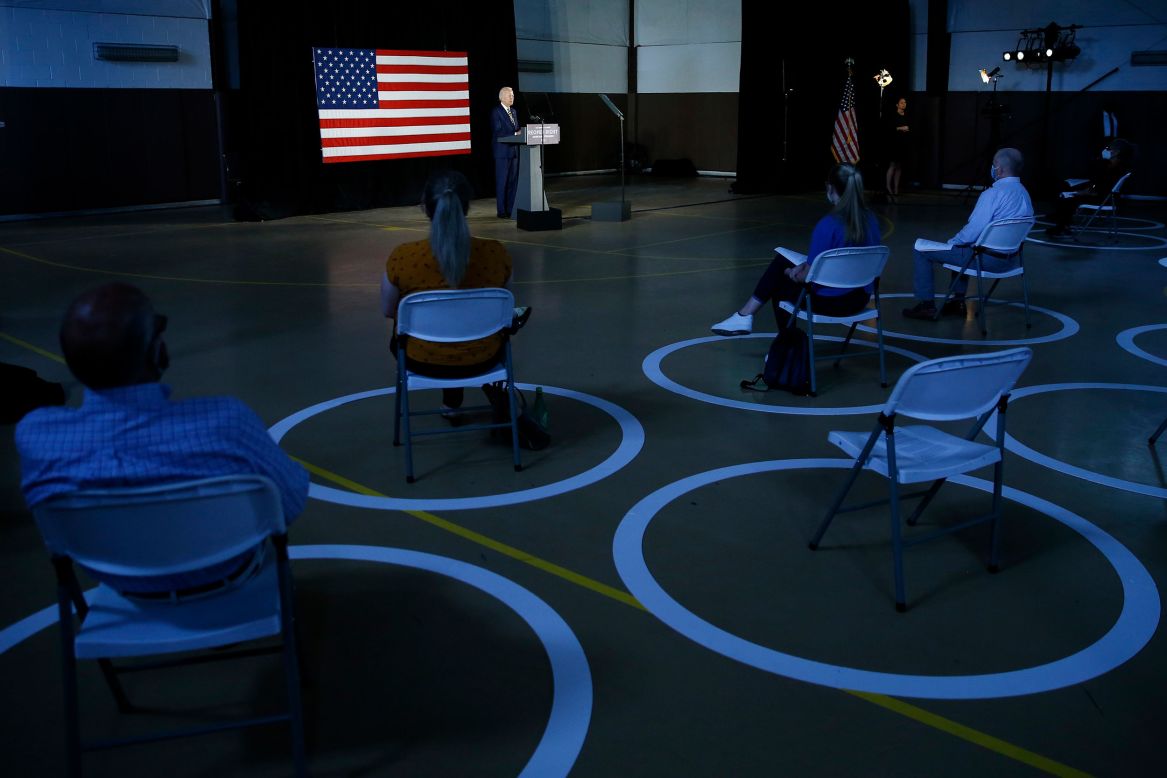 People are spread out as former Vice President Joe Biden, the Democratic Party's presumptive presidential nominee, speaks in Darby, Pennsylvania, on Wednesday, June 17. <a href="http://www.cnn.com/2020/05/20/world/gallery/new-normal-coronavirus/index.html" target="_blank">Our new normal, in pictures</a>