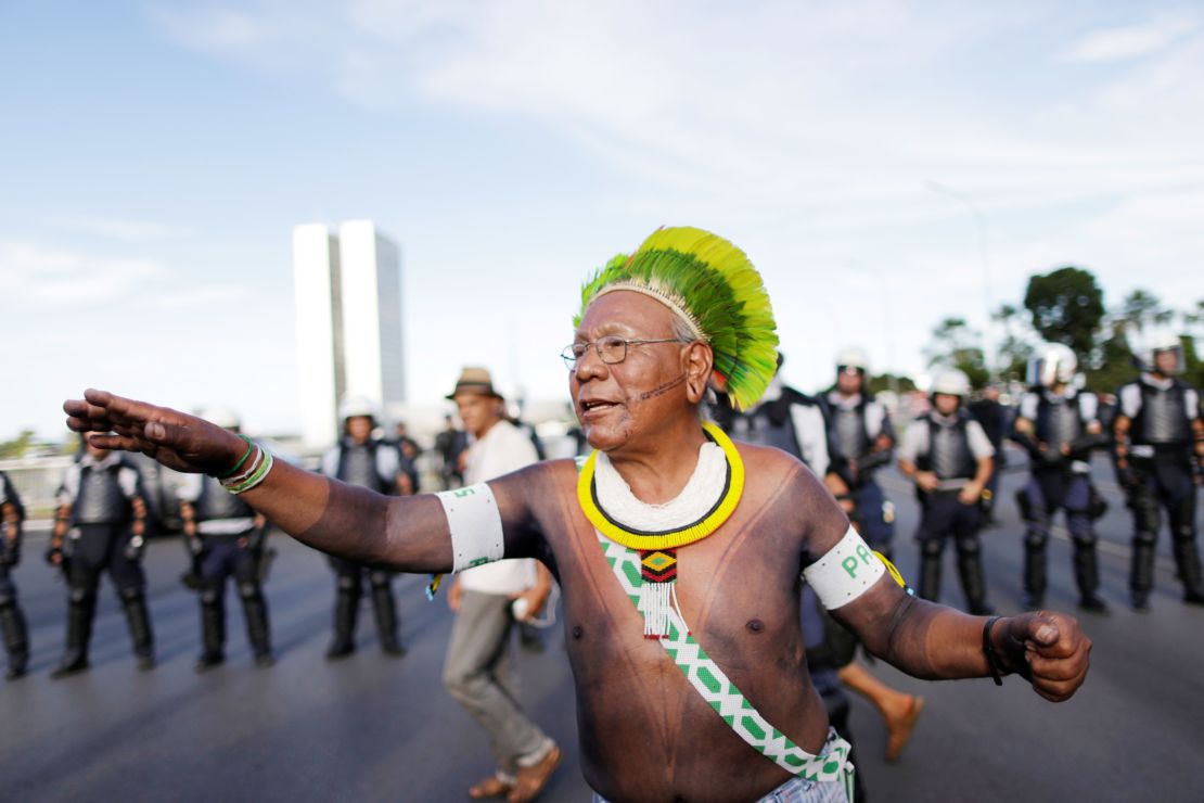 Paulinho Paiakan at a protest for indigenous rights in Brasilia, Brazil, in April 2017.  