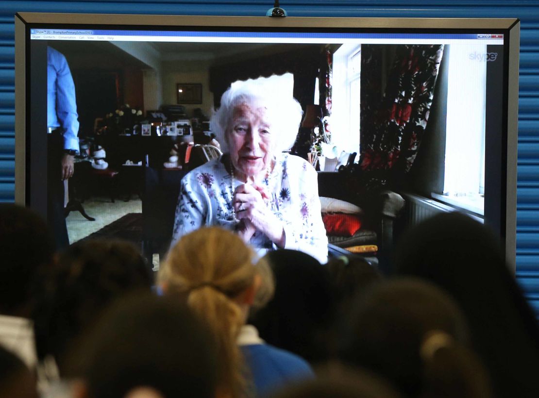 Vera Lynn Skypes with students from her former east London school, Brampton Primary, on her 100th birthday. 