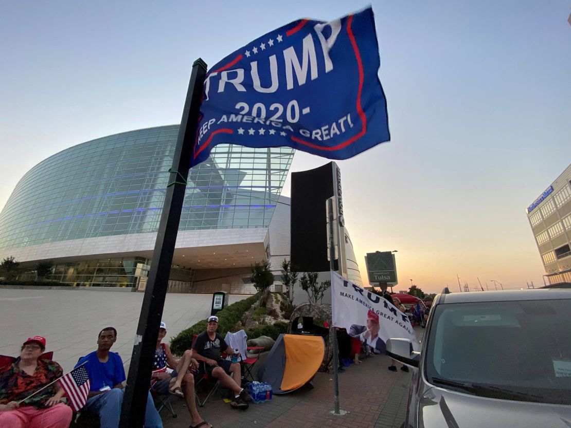 Supporters of President Donald Trump camp outside the BOK Center ahead of his upcoming rally in Tulsa, Oklahoma.