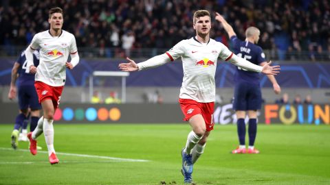 Werner celebrates scoring a goal that was later disallowed against Tottenham in the Champions League earlier this year. 