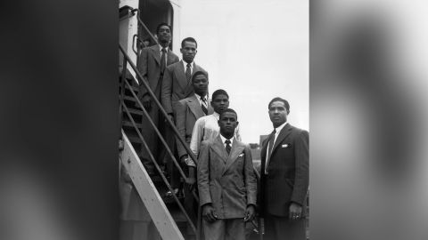 From the top, hopeful Jamaican boxers Charles Smith, Ten Ansel, Essi Reid, John Hazel, Boy Solas and manager Mortimer Martin arrive at Tilbury on the Empire Windrush.