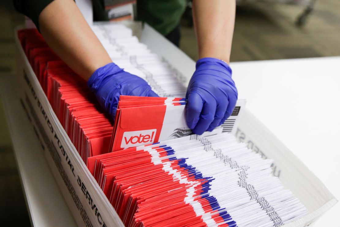 Election workers sort vote-by-mail ballots for the presidential primary at King County Elections in Renton, Washington on March 10, 2020. 