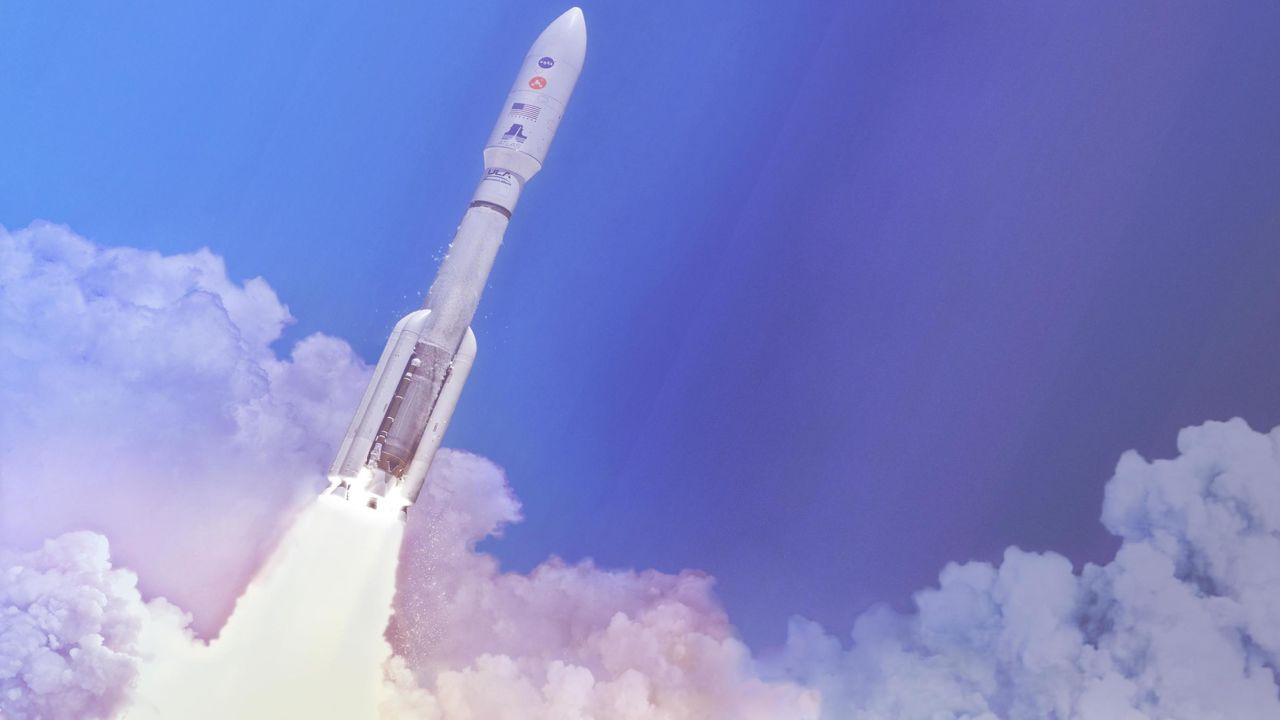 In this artist's concept, a two-stage United Launch Alliance Atlas V launch vehicle speeds the Mars 2020 spacecraft toward the Red Planet. 