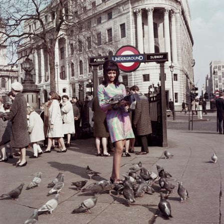 Drum Cover Girl Marie Hallowi at Charing Cross Station, London, 1966