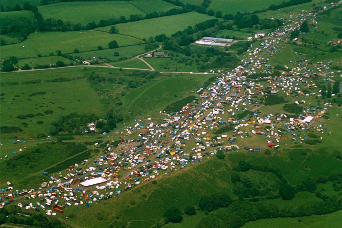 An aerial view of the massive illegal gathering at Castlemorton in 1992, which marked a major turning point for British rave.