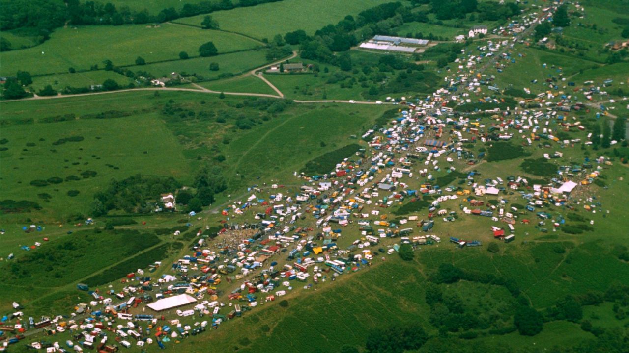 An aerial view of the massive illegal gathering at Castlemorton in 1992, which marked a major turning point for British rave.