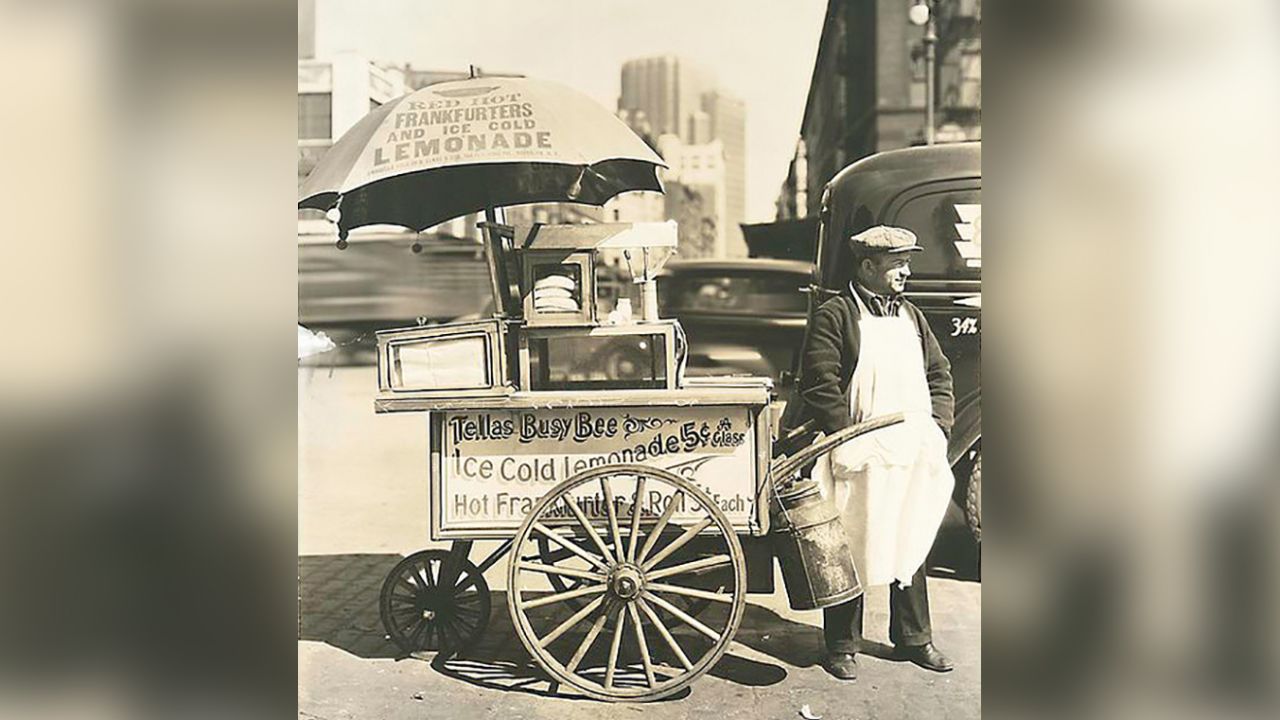 Hot dog historian Bruce Kraig says there's lots of evidence of sausage being sold by vendors, probably in the 1840s, but certainly by the 1860s. 