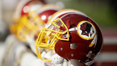 Washington Redskins helmets on the sideline during their game against the San Francisco 49ers at Levi's Stadium on November 23, 2014 in Santa Clara, California.