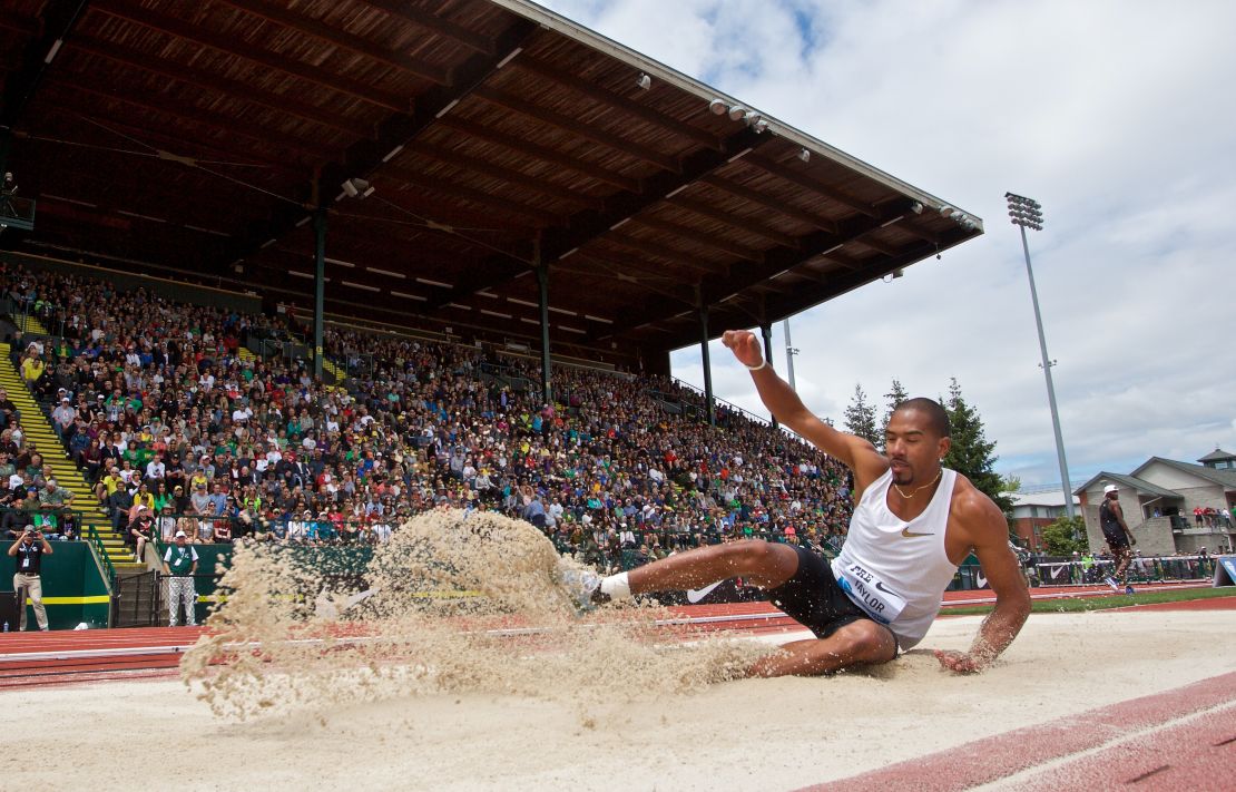 Taylor jumps during the 2018 Prefontaine Classic.