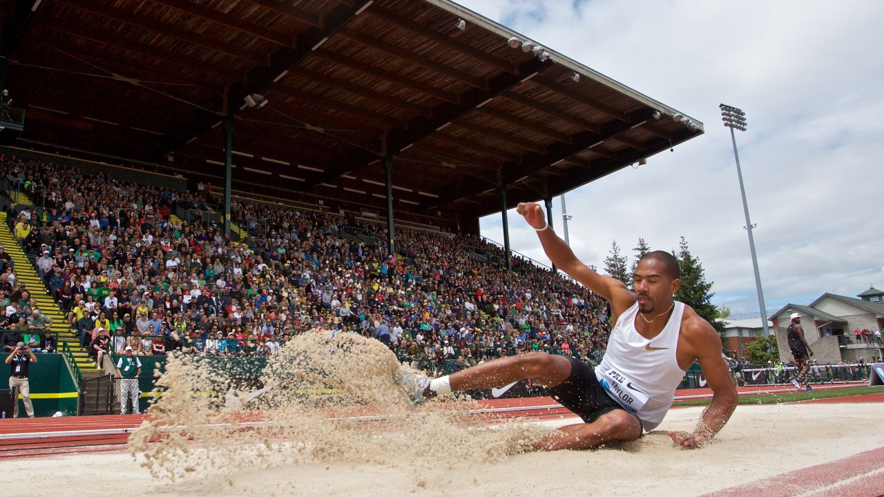 Taylor jumps during the 2018 Prefontaine Classic.