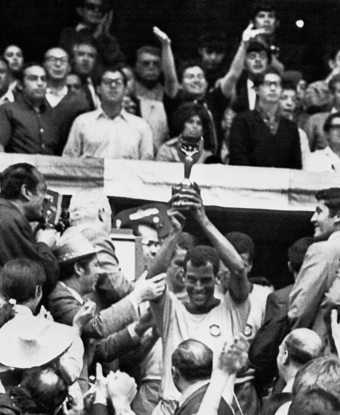 Captain Carlos Alberto holds aloft the Jules Rimet Cup after Brazil defeated Italy 4-1 in the 1970 World Cup final.
