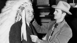 Washington Redskins owner George Preston Marshall and Hall of Fame quarterback Sammy Baugh in the locker room  circa 1940's.