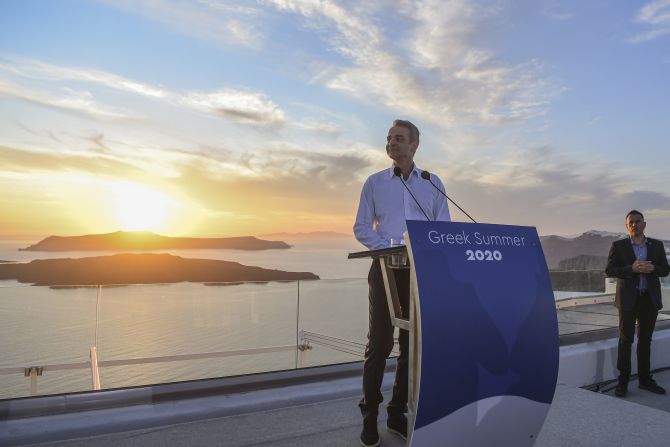 <strong>Photo opportunity: </strong>Prime Minister Kyriakos Mitsotakis used Santorini as the backdrop as he declared Greece open to tourism once again. 