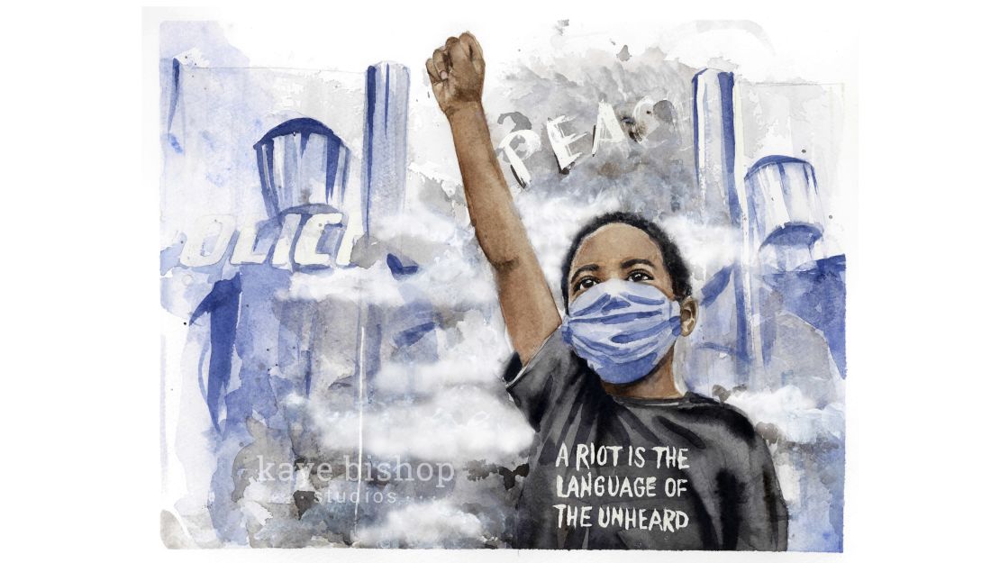 Kaye Bishop's watercolor painting of Atlanta protester Kai Ayden. She posted it to Facebook along with the Langston Hughes poem "I, Too." (Courtesy Kaye Bishop)