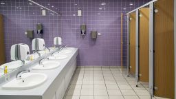 Cardiff, UK: November 13, 2016: Public bathroom. Ladies restroom with cubicles and sinks and a purple tiled wall.