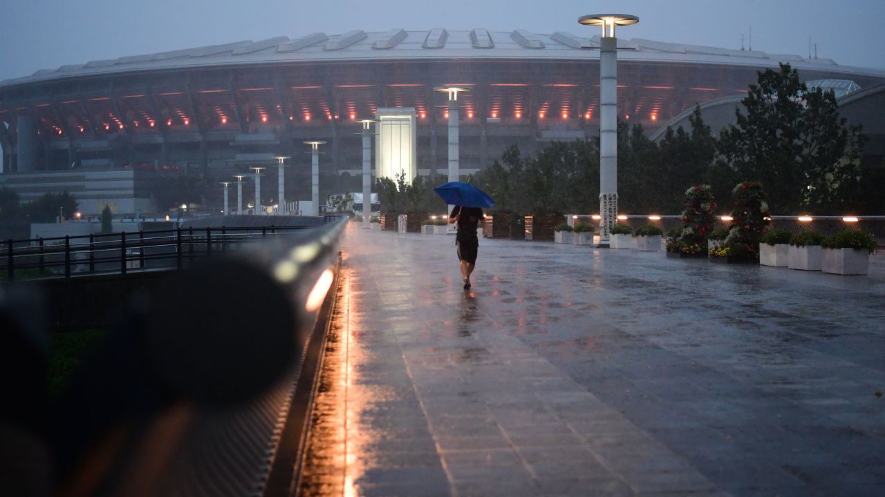 The area around the International Stadium Yokohama is deserted as Typhoon Hagibis approaches on October 12, 2019 in Yokohama, Japan.