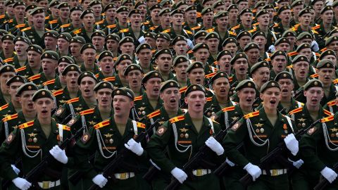 Russian servicemen take part in a rehearsal for the Victory Day parade in St. Petersburg on June 20, 2020.