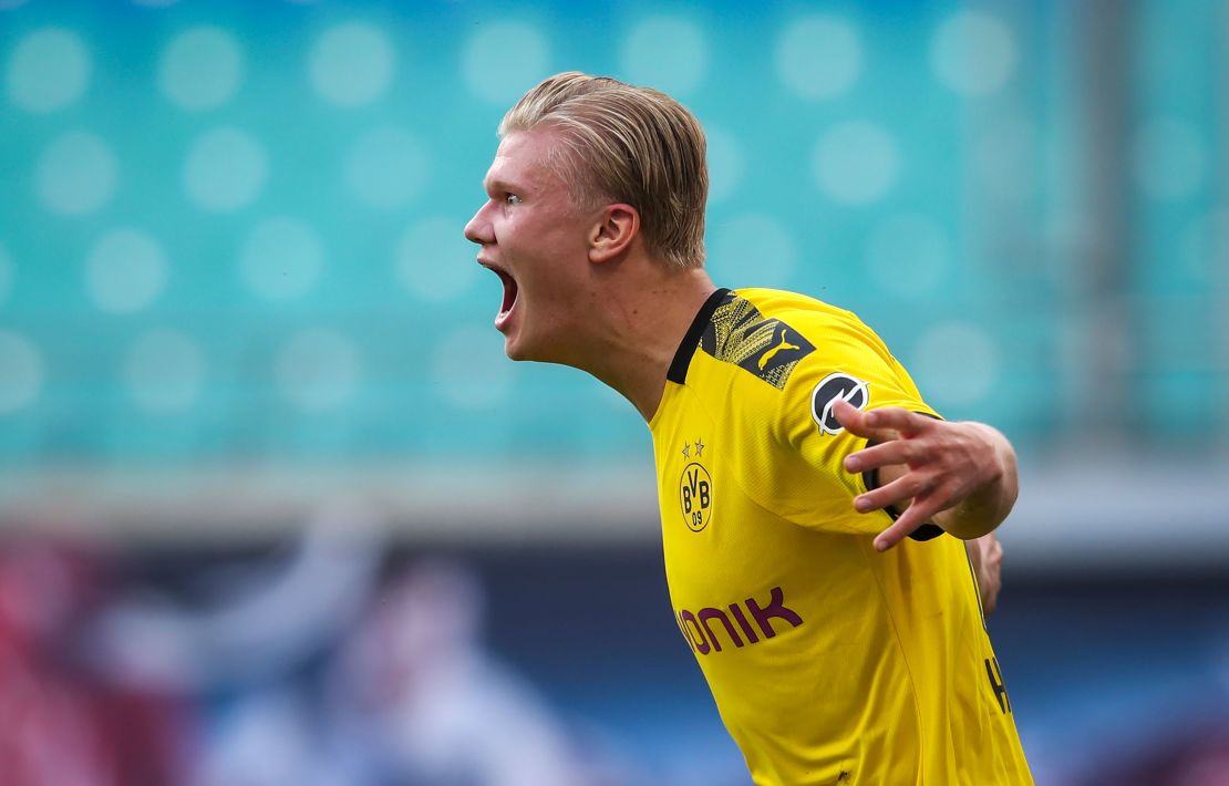 Dortmund's Norwegian forward Erling Braut Haaland shows his delight after bagging the second and decisive goal for Borussia Dortmund at RB Leipzig. 