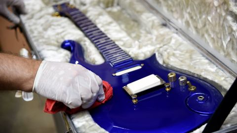 A "Blue Angel" Cloud 2 guitar custom-made in the 1980s for the late musician Prince is polished for Julien's Auctions. 