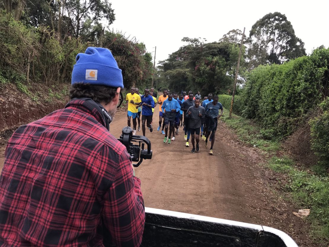 Members of the Athlete Refugee Team are filmed during a training run in Kenya.
