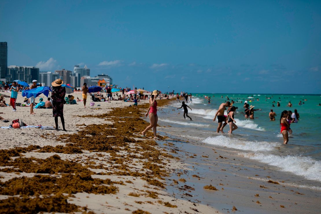 People enjoy a sunny day in Miami Beach, Florida, on June 16, 2020.